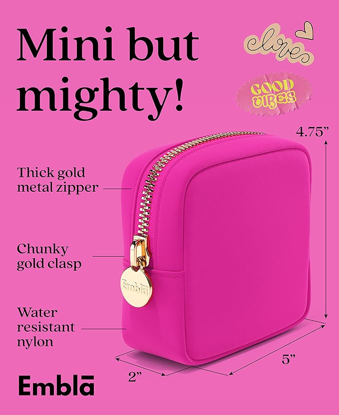 Embla Makeup Bag Travel Cosmetics Pouch and Toiletry Bag, Nylon Zipper Pouch Purse, Cute Make Up Organizer Storage Tote for Women Girls, Waterproof Travel Skincare Case, Small Makeup Bags, Fuchsia