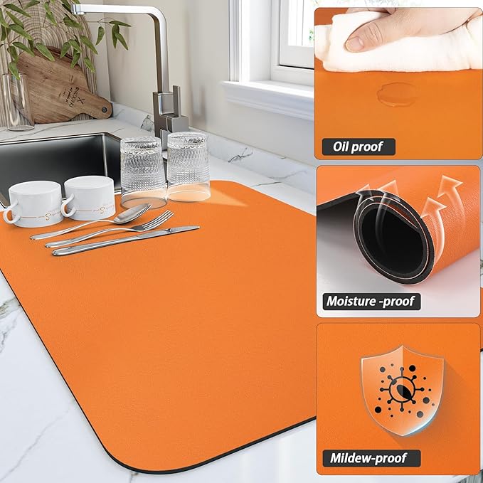 HotLive Dish Drying Mat for Kitchen Counter, Heat Resistant Drainer Mats with Non-slip Rubber Backed, Hide Stain Kitchen Super Absorbent Draining Mat, Easy to Clean Dish Rack Pad, Orange 16"x20"