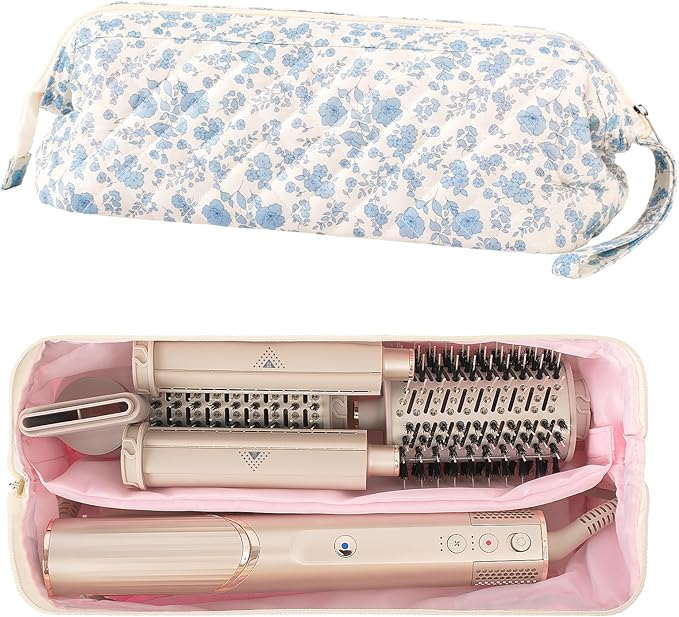 Quilted Hair Tool Travel Bag, Shark Flex Style Travel Case For Dyson Hair Dryer Airwrap Bag, Curling Iron Bags Quilted For Shark Dyson Revlon Organizer Accessories (Blue flowers)