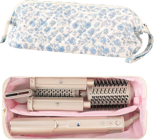 Quilted Hair Tool Travel Bag, Shark Flex Style Travel Case For Dyson Hair Dryer Airwrap Bag, Curling Iron Bags Quilted For Shark Dyson Revlon Organizer Accessories (Blue flowers)
