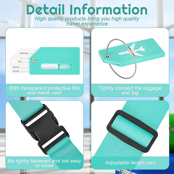 Weewooday 8 Pcs Luggage Straps Suitcase Tags Set for TSA Approved, 4 Travel Adjustable Suitcase Belt, 4 Silicone Luggage Tags with Name ID Card Travel Accessories(Turquoise,Airplane)