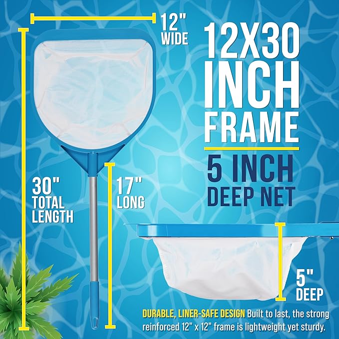 U.S. Pool Supply Pool and Spa Skimmer Net with Pole, 30" Long Handheld Ultra-Fine Mesh Pool Skimmer Net - Hand Held Spa, Hot Tub, Pond Cleaning - 17" Pole Handle, Deep Leaf Netting, Scoop Skim Leaves