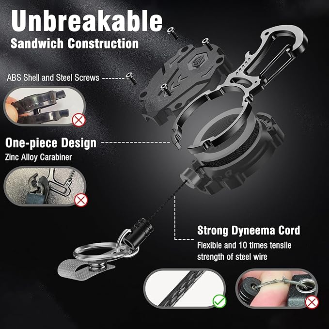 2Pack Heavy Duty Retractable Keychain, Tactical ID Badge Holder Reel Carabiner Clip with Magnetic Closure for Men, Unbreakable Sandwich Construction with 31" Dyneema Cord, Bearing 25oz