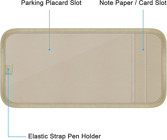 Handicap Placard Holder for Auto, Wisdompro Disabled Parking Permit Sign Protector for Car Sun Visor with Note Paper Slot, Pen Holder and Elastic Strap - Khaki