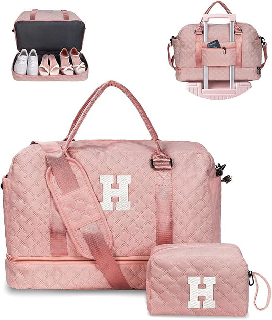 Gift for Girls - 5 6 7 8 9 10 11 12 13 14 15 16 Year Old-Duffle Bags with Shoe Compartment, Personalized Weekender Bag, Travel Bag with Makeup Bag, Gifts for Women Birthday Unique (Letter H)