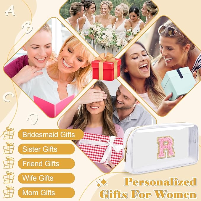 Personalized Initial Letter Clear Makeup Bag,Preppy Small Nylon&PVC Cosmetic Zipper Bag with Chenille Letter,Travel Skincare Toiletry Bag,Monogram Christmas Gift for Teen Girls Women,R