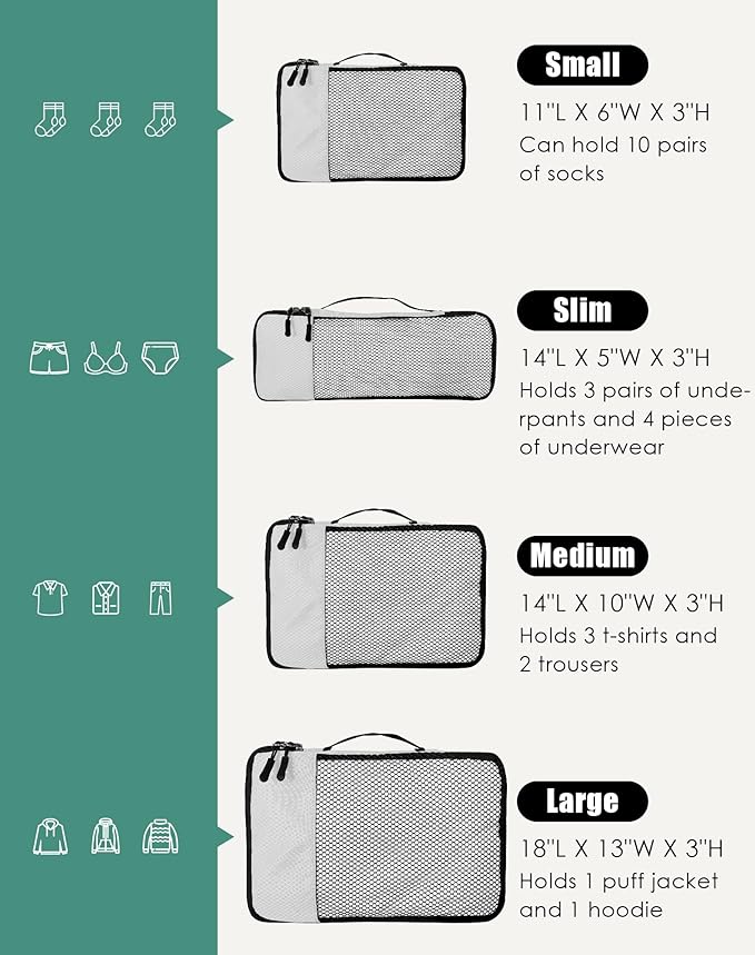 4-Piece Packing Cubes Travel Accessories Set for Suitcases - Luggage Organizer Bags with Double Zipper - Mesh Top - Small/Medium/Large/Slim - Beige