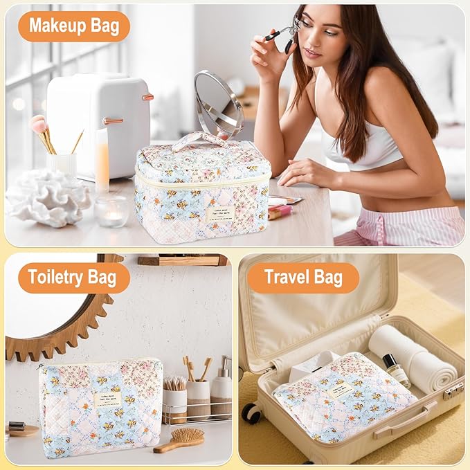 3Pcs Cotton Quilted Makeup Bag for Women Girls Large Small Travel Floral Cosmetic Bags Set Cute Coquette Makeup Pouch for Purse Aesthetic Cloth Bee&Flower Storage Toiletry Bag Organizer