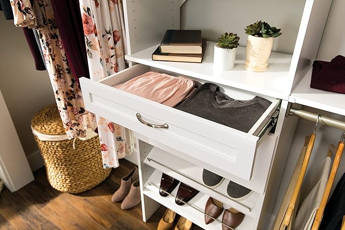 ClosetMaid SuiteSymphony Wood Closet Drawer, Add On Accessory, Shaker Style, For Storage, Closet, Clothes, 25” x 5” Size for 25 in. Units, Pure White