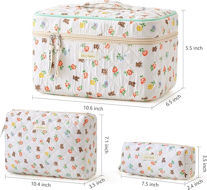 HBselect Quilted Makeup Bag, 3PCS Cotton Large Travel Makeup Bag, Cute Floral Coquette Make up Bag Cosmetic Bag Toiletry Bag for Women Girls