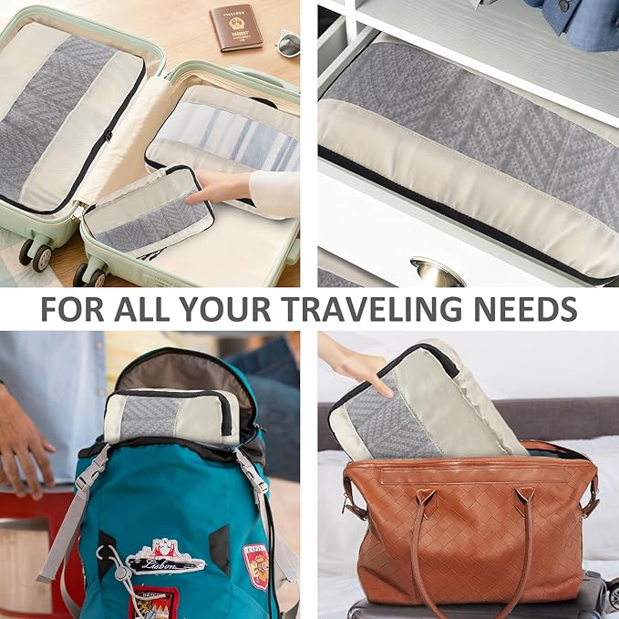 U+U 5 Set Packing Cubes for Travel Essentials Ultralight Luggage Packing Organizers with Laundry Bag and Shoe Bag for Vacation, Business Trip and Camping (Cream)