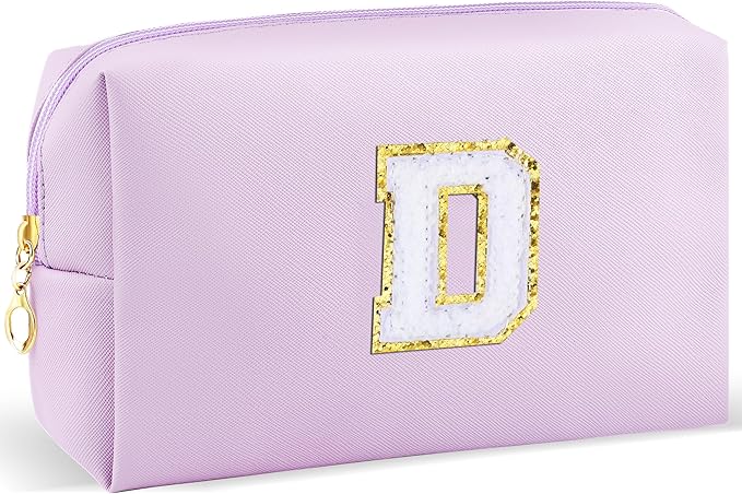 Gifts for Girls Initial Makeup Bag Personalized Cosmetic Bag with Zipper Cute Travel Toiletry Bag Waterproof PU Preppy Makeup Pouch Birthday Gift for Teen Girls Women(Purple D)