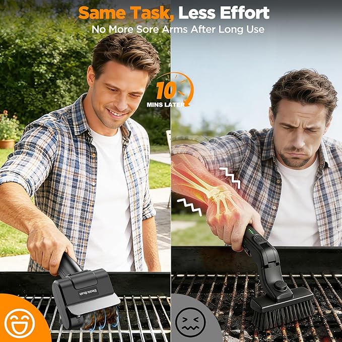 Electric Grill Brush with Dual Safety Lock - Ideal Gift for Men Dad Husband, Professional BBQ Cleaner with Submersible 304 SS Head, Splash-Proof Scrubber for Outdoor Grill (Orange Button)