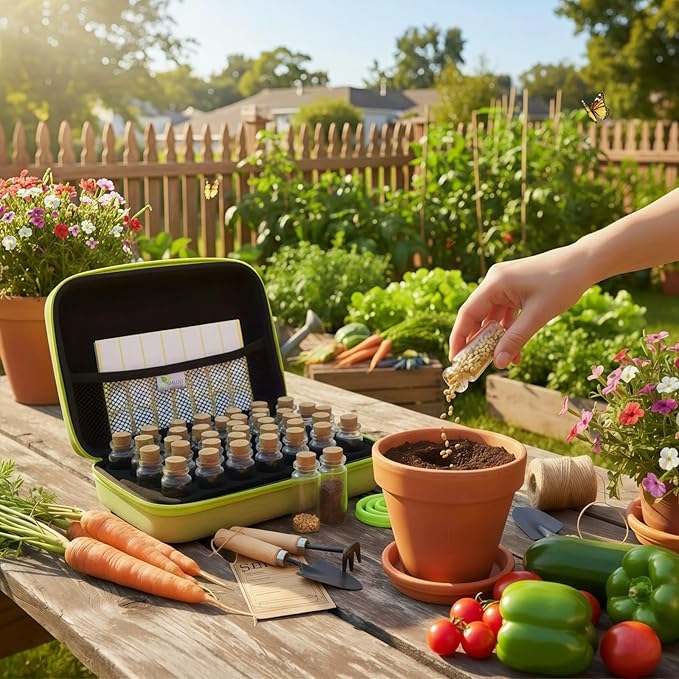 40 Slots Seed Storage Organizer with 20 Seed Envelopes, Sturdy Organizer Storage Box with Label Stickers, Glass Container for Flower Vegetable Garden Seed Saving (Seeds not Included)