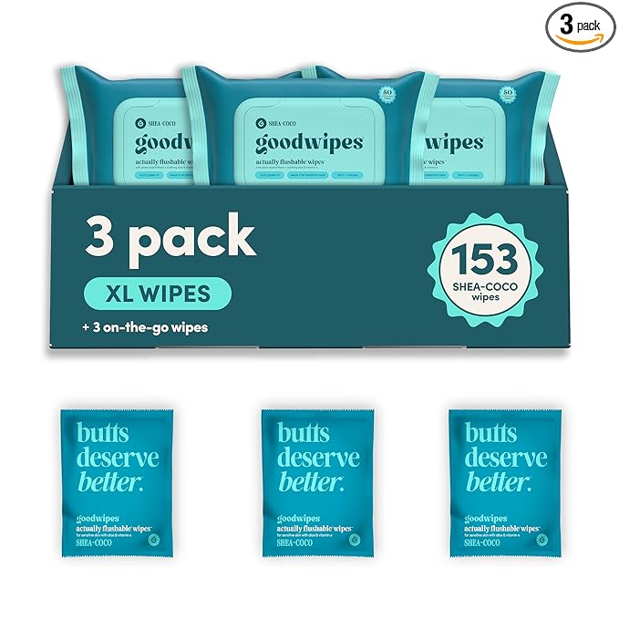 goodwipes Flushable Wipes - Shea-Coco Wet Wipes for Adults, Sewer & Septic Safe, Guest Bathroom Essentials for Women & Men, pH Balanced & Extra Large, 153 Count (3 Packs and 3 Singles)