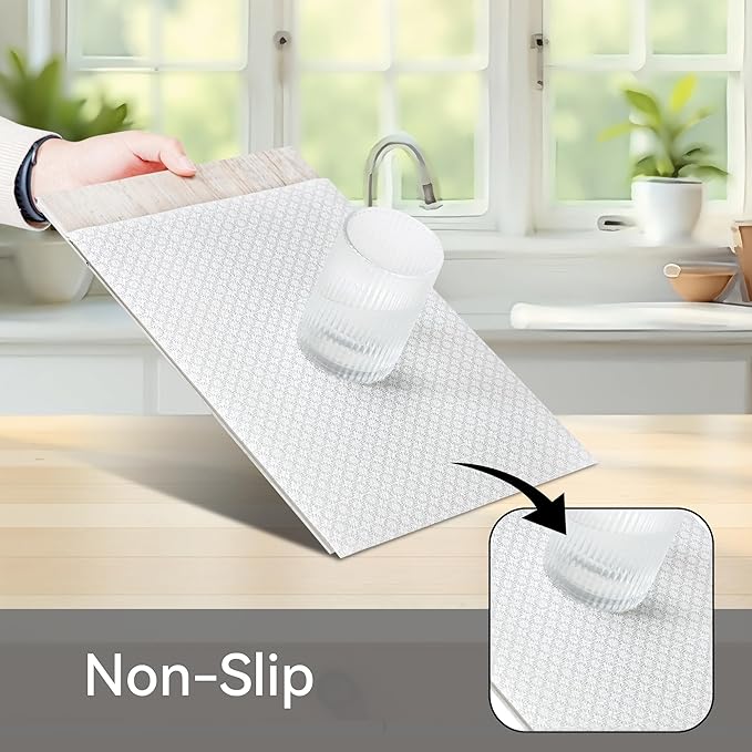 FIFTY FEET 18"x96" Non-Adhesive Shelf Liner for Kitchen Cabinets and Drawers, Washable Non-Slip PVC Cabinet Liner (White Circle)(1 Roll)
