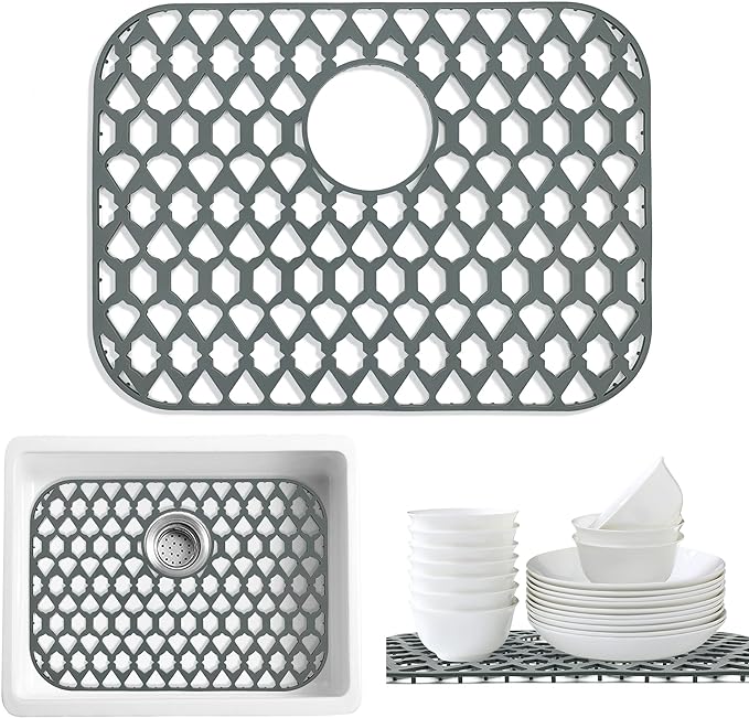 Sink Protectors for Kitchen Sink, Kitchen Sink Accessory - Silicone Mats Grid for Stainless Steel Strainer Bottom of Farmhouse Porcelain sinks (19”x14”, Rear Drain)