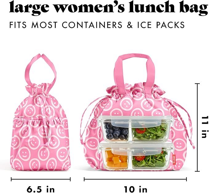 Fit & Fresh Cromwell Drawstring Lunch Bag for Women, Complete Lunch Set with 2 Containers, Stain-Resistant, Leak-Resistant, Back to School Essential, Teacher Lunchbox, All Smiles Fuchsia