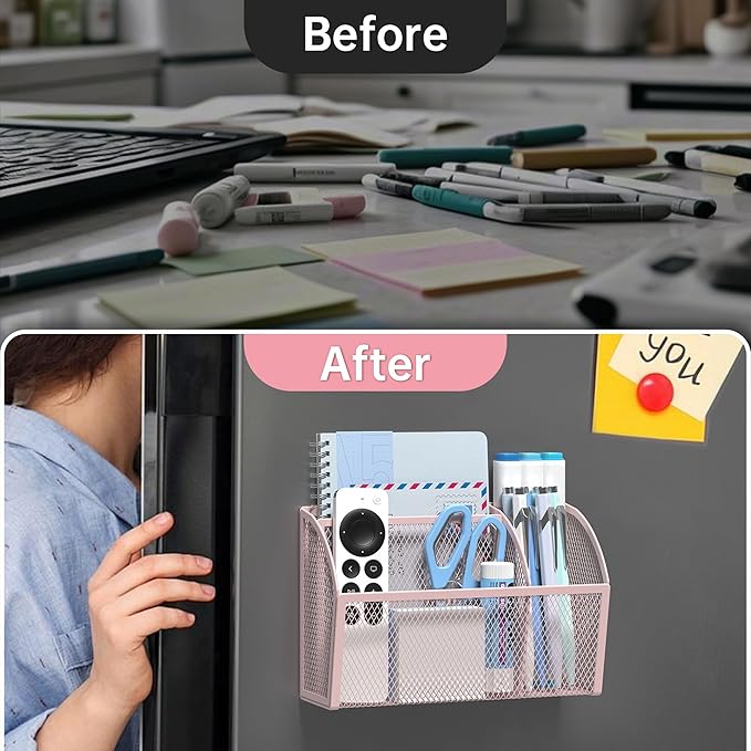 YINGHUA Strong Magnetic Pen Holder for Whiteboard and Refrigerator 3 Compartments Metal Mesh Organizer Space Saving Shelf for Office School Home and Locker - Pink