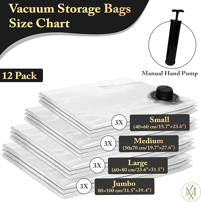 Vacuum Storage Bags 12 Pack Without Hand Pump – Space Saver Compression Bags, Airtight Double-Zip & Triple Valve, Reusable, Lavender Freshness, Bedding, Travel (S/M/L/Jumbo) (Without Pump)
