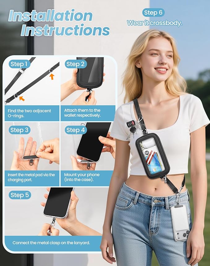 Clip and Go Strap for Phone with Wallet Crossbody, Adjustable Neck Lanyard, Detachable Wristlet Wallet with Zipper Phone Screen ID Window, 2x Tether Tabs Compatibe for iPhone & Most Cellphones Black