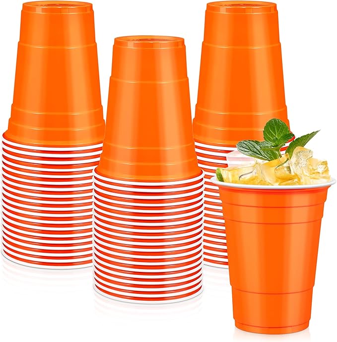 LANLISA 50 Orange Plastic Cups, 16 oz Disposable Cups, Drinking Cups For Birthday Party, Halloween, Thanksgiving, Harvest, Fall
