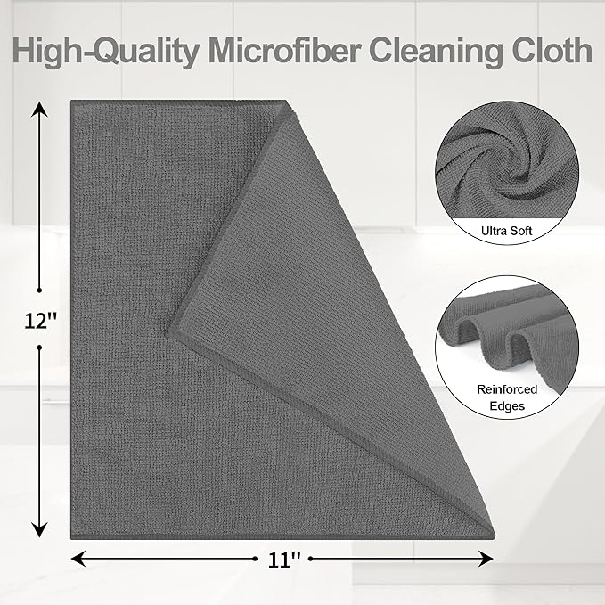 HOMERHYME Microfiber Cleaning Cloth, 12 Pack Grey Cleaning Rags, 12" X 11" Lint Free Dish Towels Wash Cloths, Reusable Microfiber Towels for Home and Kitchen Bathroom Apartment Cleaning Supplies