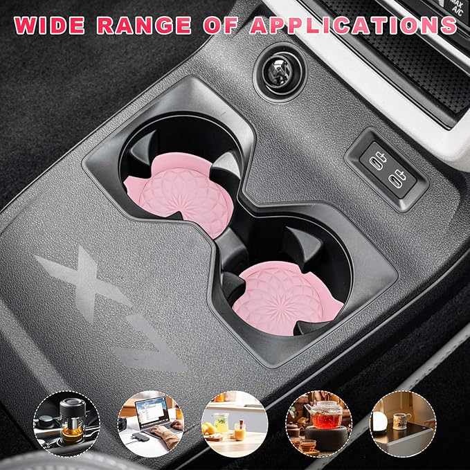 4 PCS Car Cup Holder Coasters, 2.75 Inch Anti-Slip Insert Silicone Car Coaster Drink Mat, Shockproof Universal Auto Cup Coasters for Most Vehicles, Car Interior Accessories (Pink)