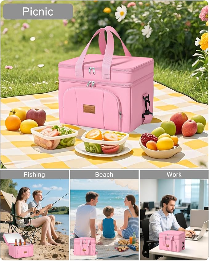 Rnivvi Lunch Box for Women, Double Decker Insulated Cooler Bag Lunch Bag Reusable Leakproof Tote Lunch Container with Strap for Work Family Picnic Hiking Camping, 18 Cans 12L, Large Adults, Pink