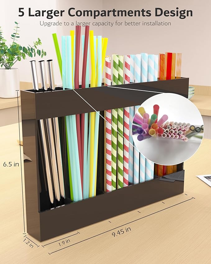 Acrylic Straw Holder & Organizer - Compact, Adhesive Tape Included for Easy Installation - Perfect for Countertops, Cabinets, or Kitchen Storage (Black-5 Compartments)