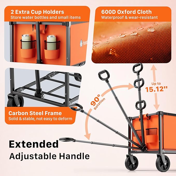 Collapsible Wagon Cart with Wheels, 150L Lightweight Foldable Utility Cart, Portable Rolling Wagon for Garden, Shopping, Sports, Camping, Transport, Orange