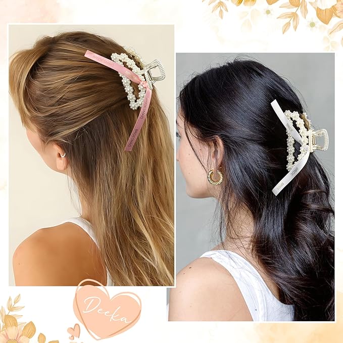 DEEKA Bridesmaid Proposal Gifts 8 Pack Pearl Bridesmaid Hair Claw Clips with Ribbon 3 Inch Hair Clips Bachelorette Party Favors Bridal Party Present Hair Accessories (Half Circle White&Rose Gold)