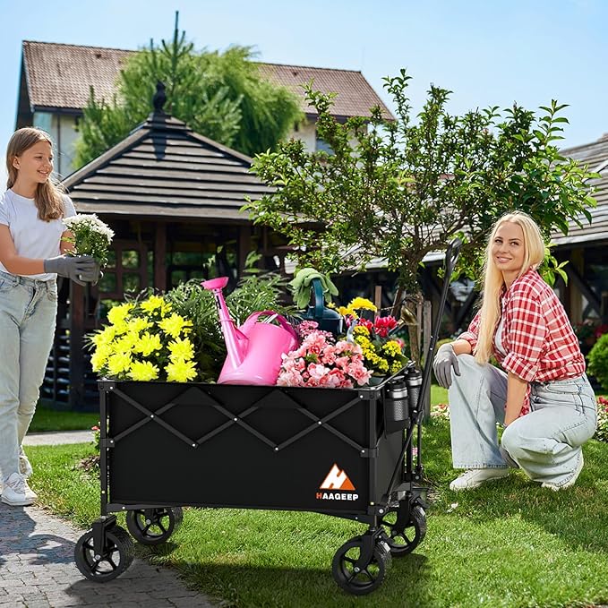 Collapsible Wagon Cart with Wheels Foldable - Folding Utility Heavy Duty Wagons Carts for Grocery Sports Garden Shopping Camping Wheelbarrows (Black, 220L)
