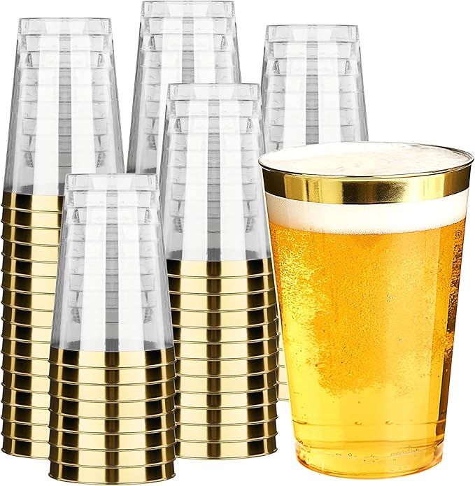 RACETOP 12 oz 200 Pack Disposable Plastic Cups with Gold Rim, Disposable Gold Rim Plastic Cups for Parties, Weddings, Gatherings, and Festival Events
