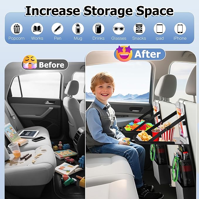KaiCross Backseat Car Organizer with Upgraded Foldable Tray, Car Seat Organizer for Kids, Travel Accessories with 9 Storage Pockets, Car Seat Organizer Backseat with Touch Screen-1 Pack