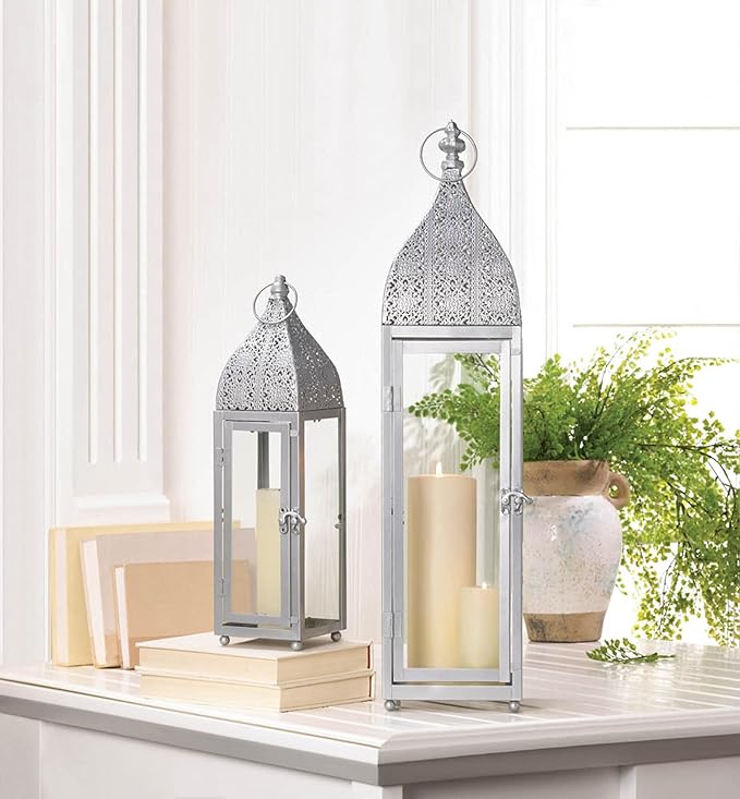 Zingz & Thingz Moroccan Style Candle Lantern Holder, Decorative Light Home Decor, Indoor & Outdoor, 15.25" Tall, Silver