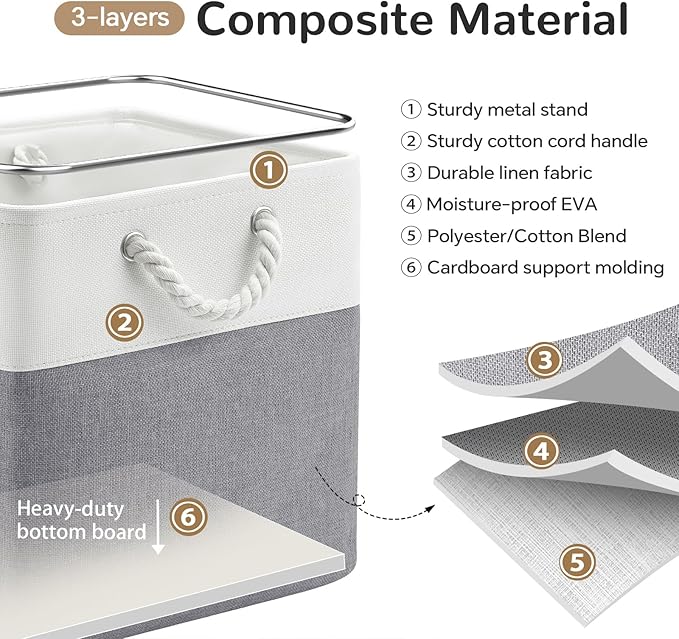 VQRTEXA 13 x 13 Inch Cube Storage Bins, 6 Pack Fabric Storage Basket with Handles, Foldable Boxes Organizer for Shelf Baskets for Home, Clothes (White/Grey)