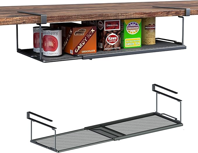 2 Pack Expandable Under Cabinet Shelf, Under Shelf Storage with 0.94 Inches Thick Clips for Kitchen Cupboard, Metal Hanging Under Desk Basket for Laundry Room, Cabinet, Shoe Rack