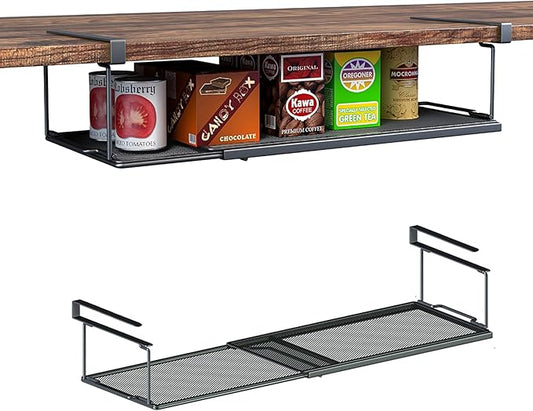 2 Pack Expandable Under Cabinet Shelf, Under Shelf Storage with 0.94 Inches Thick Clips for Kitchen Cupboard, Metal Hanging Under Desk Basket for Laundry Room, Cabinet, Shoe Rack