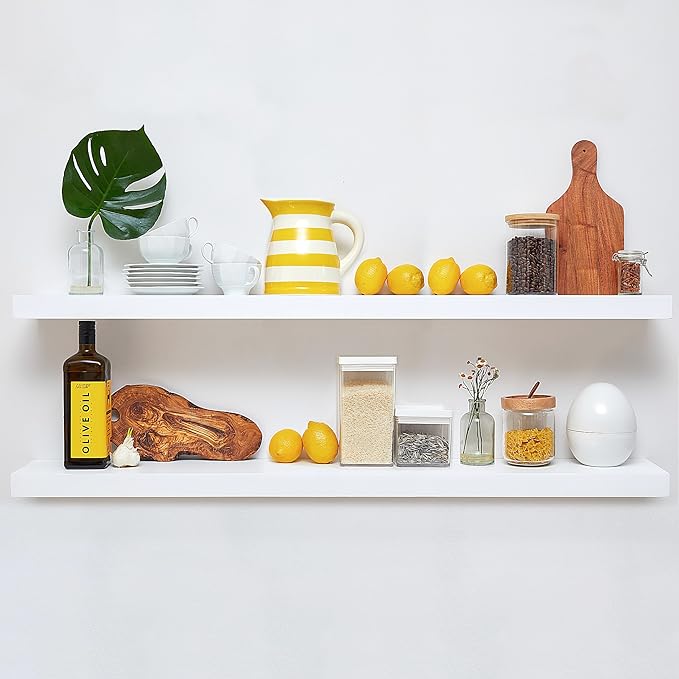 Homeforia White Floating Shelf 48 inches, High-End Solid Real Wood 48-inch Long Floating Shelves for Wall Mounted, White Wooden 48-inch Floating Shelves, Heavy Duty Bracket, 48 X 6.5 X 1.75 inch, Set of 3