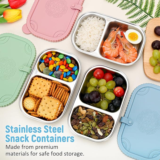 3 Pack Stainless Steel Snack Containers, 2 Compartment Snack Containers with Leakproof Silicone Lids, Divided Meal Prep Lunch Box Food Container for Travel, Outdoor, Camping (15.84 OZ)