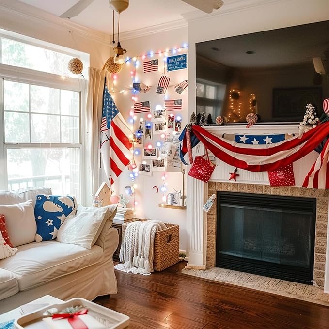 4th of July Lights Red-White-Blue Decorations - 100 LED 50 Photo Clips String Lights Holder 33FT Starry Fairy Lights Hanging Pictures Cards Memos USB Powered&Switch Bedroom Dorm Christmas Decor Tree