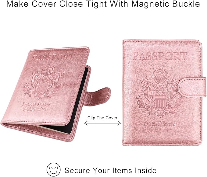 WALNEW Passport Holder for Travel, RFID Passport Cover Wallet for Women Men, PU Leather Passport Book Card Holder Case with Pen (Buckle Closure, Buckle-Rosegold)