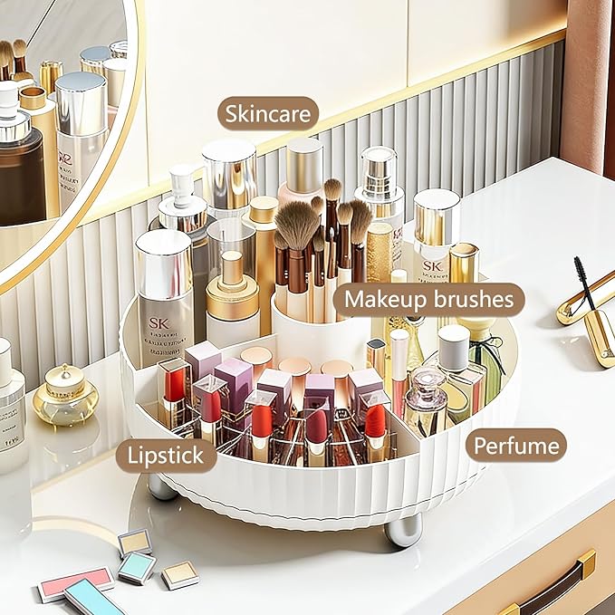 Anyoifax Makeup Perfume Organizer Tray with Divider, 360 Degree Rotating Lazy Susan Skincare Lotion Organizer, Spinning Cosmetics Storage for Dresser, Vanity, Bathroom Countertop, Large White