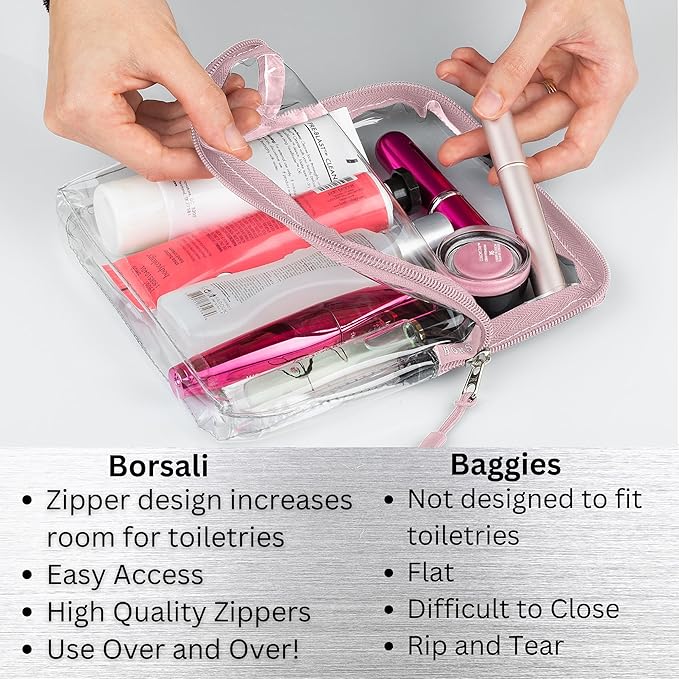 BORSALI TSA Approved Toiletry Bag - Clear Quart Size for 3-1-1 Carry On Travel - Makeup Organizer Cosmetic Pouch with Zipper - Travel Accessories - Rose