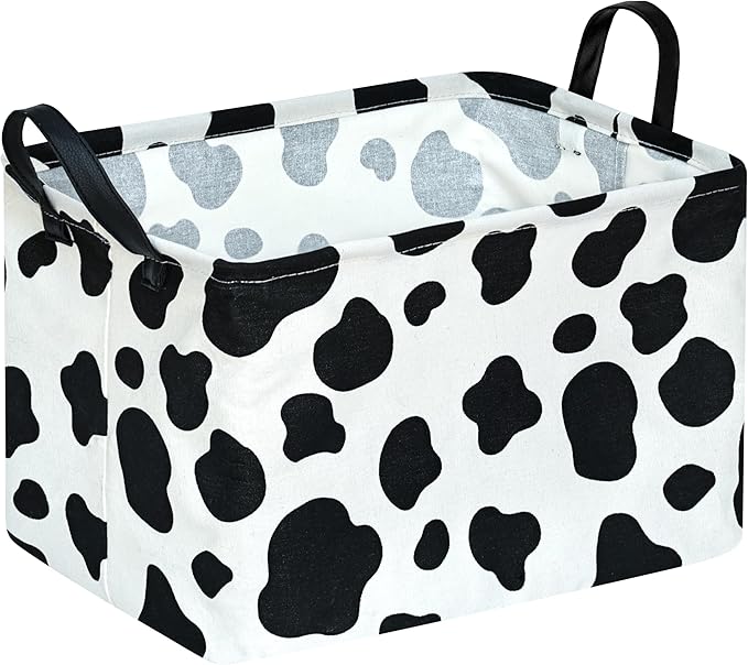 KUNRO Rectangle Storage Basket Gift Shelf Basket Storage Bin, Nursery Basket Organizer Box for With Handles for Room Deco (Cow pattern)