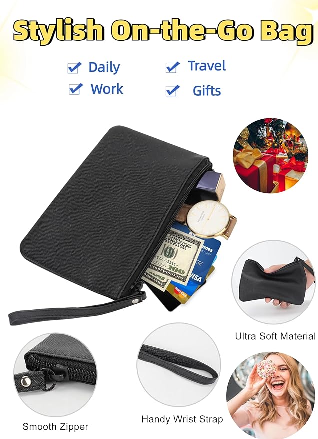 2 Pack Small Zipper Pouch Mini Makeup Bag for Purse Lipstick Cosmetic Travel Make Up Organizer for Women Essentials, Car Change Coin Holder 4.5 x 6.5 Clutch Stadium Approved Wristlet, Black