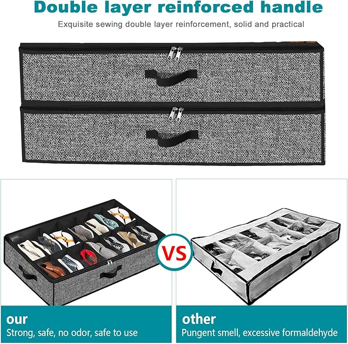 Under Bed Shoe Storage Organizer for Closet, 2 Pack - Fits 28 Pairs, Underbed Shoe Container Boxes with 2 Sturdy Handles and Clear Window, Black