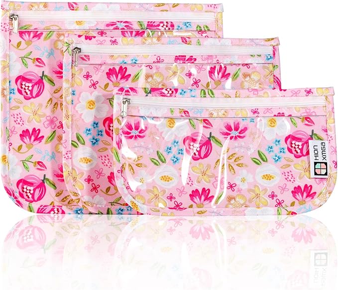 TSA Approved Toiletry Bag, Set of 3 Clear Travel Toiletry Bag Quart Size Zipper Travel Pouch, Waterproof Makeup Cosmetic Bag for Women Men Kids Toiletries Carry on, Flowers