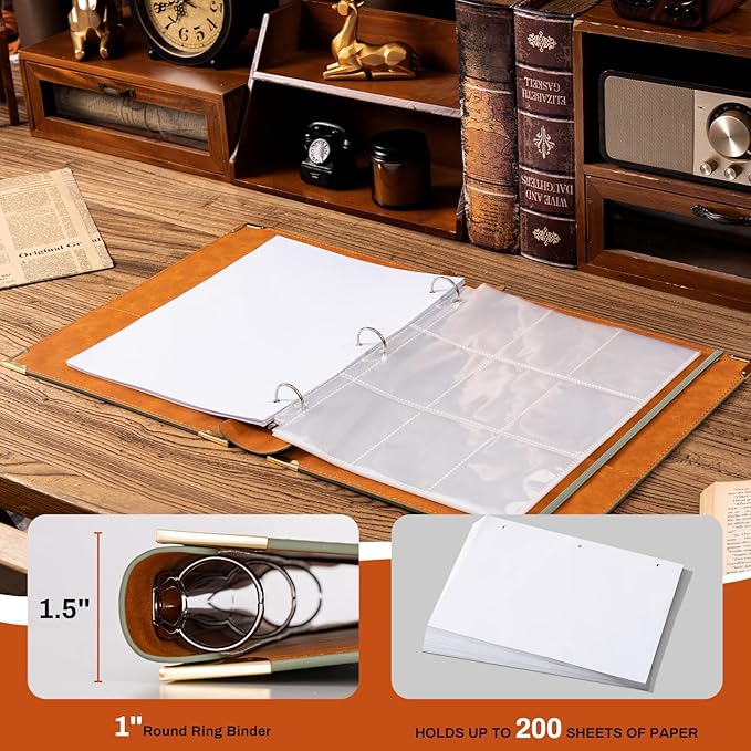 Ovesmusl Sunflower PU Leather 3 Ring Binder 1 Inch Round Ring Binder Holds 200 Sheets 8.5"x11" Letter Size Paper, Wedding Family History Notebook Cover Loose Leaf Organizer, Green